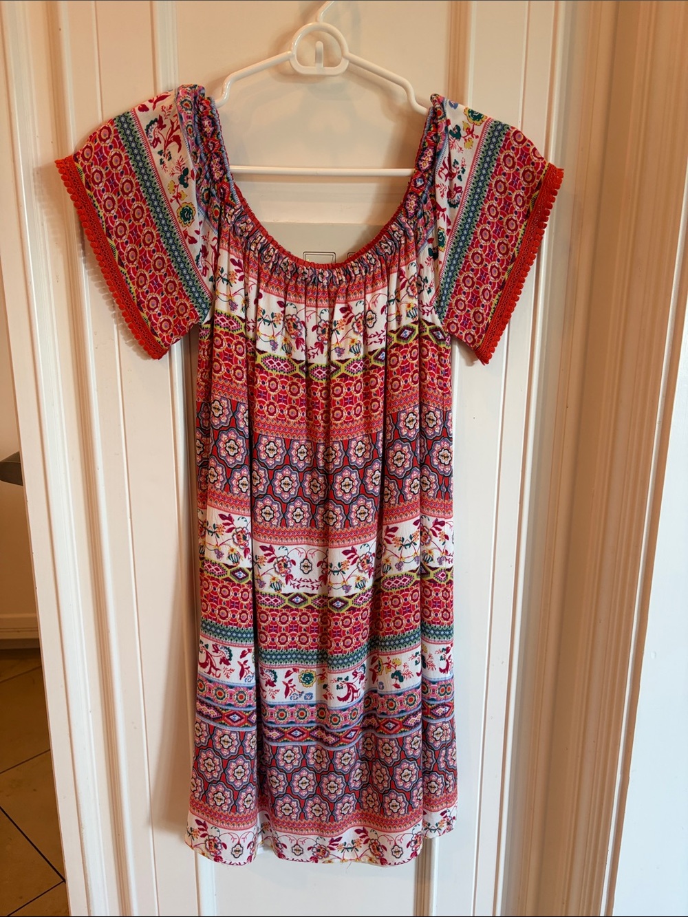 Joy Joy Red Floral Border Print Casual Dress for Girls